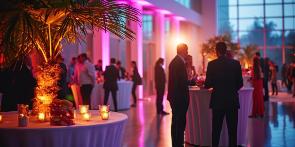 Firmenfeier mit bunter Beleuchtung. Verschiedene Personen stehen in Gruppen an Stehtischen